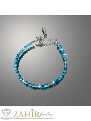 Изумително красива гривна за ръка или глезен от естествен син апатит 3 мм мънисто фасета и стоманени елементи, закопчалка и удължител - GA3202